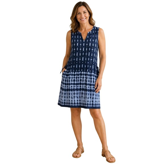 Pure Jill Dresses & Skirts - Pure Jill Dress L Blue Tie Dye Linen Rayon Sleeveless Drawstring Shift Coastal